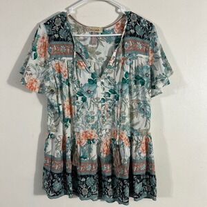 Davina Floral Peplum Top Womens Small Teal Coral Tassel‎ Tie Boho Flutter Sleeve